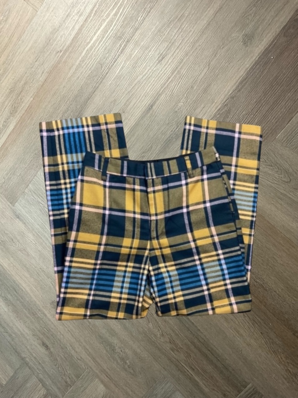 Urban Outfitters Claire Plaid Cropped High Waist Pants Womens 0 Yellow Blue Nerd